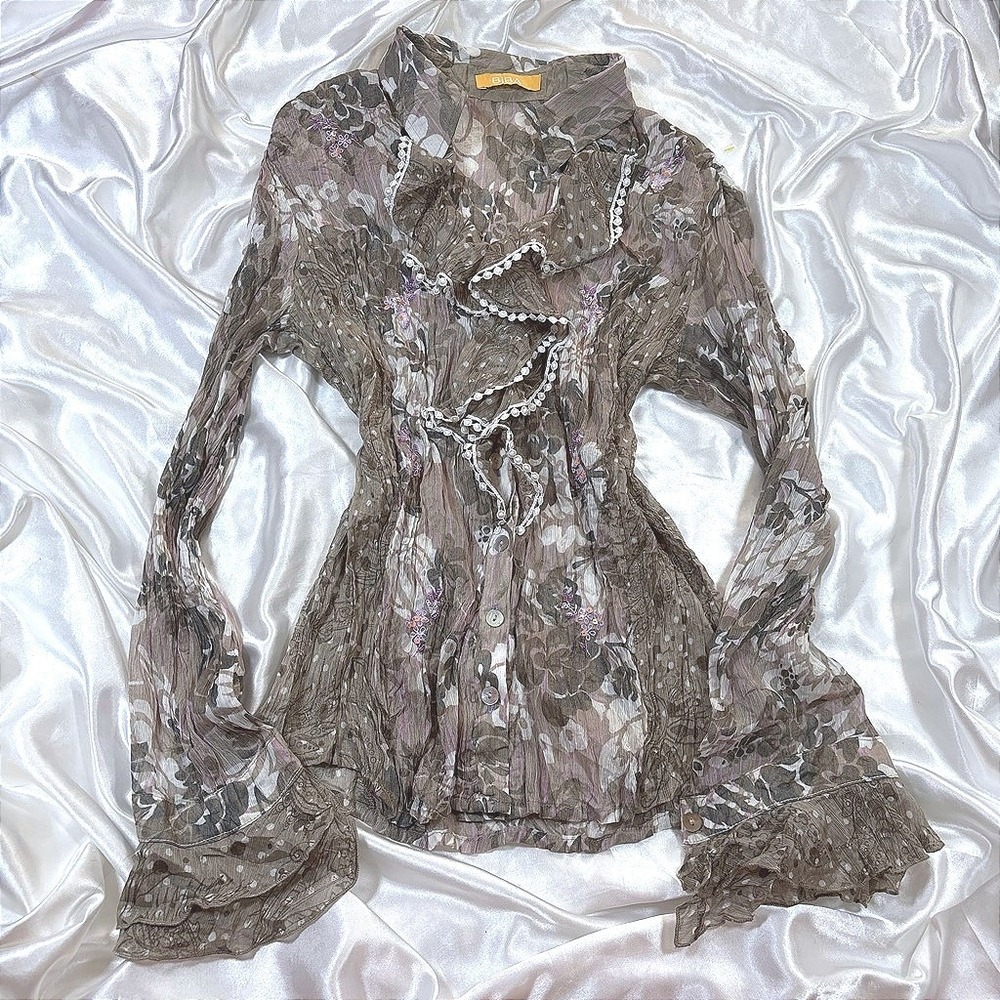 y2k Biba Blouse Brown Excellent Sheer Floral Ruffle Sequin Crinkle Top